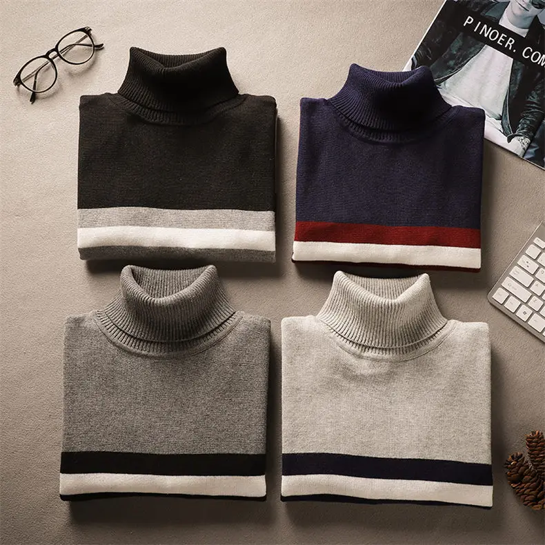MuLS 2018 New Turtleneck Sweaters Pullover Men Cotton Knit Sweater Jumpers Male Autumn Winter Knitwear Red Balck Wine red Navy-07