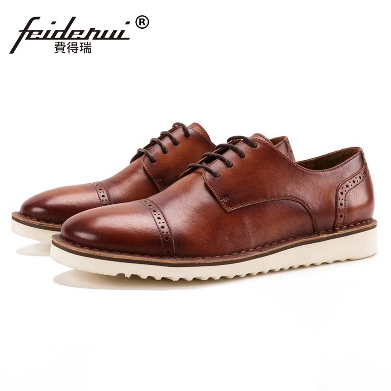 New Vintage Round Toe Derby Man Semi Brogue Footwear Formal Designer Genuine Leather Men's Handmade Flat Platform Shoes SS258