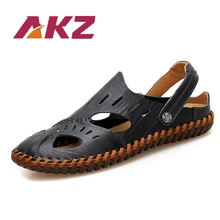 AKZ/Новинка года; летние мужские сандалии из натуральной кожи; мужские пляжные вьетнамки; дышащая мужская повседневная обувь; мужская обувь на плоской подошве; мягкая подошва