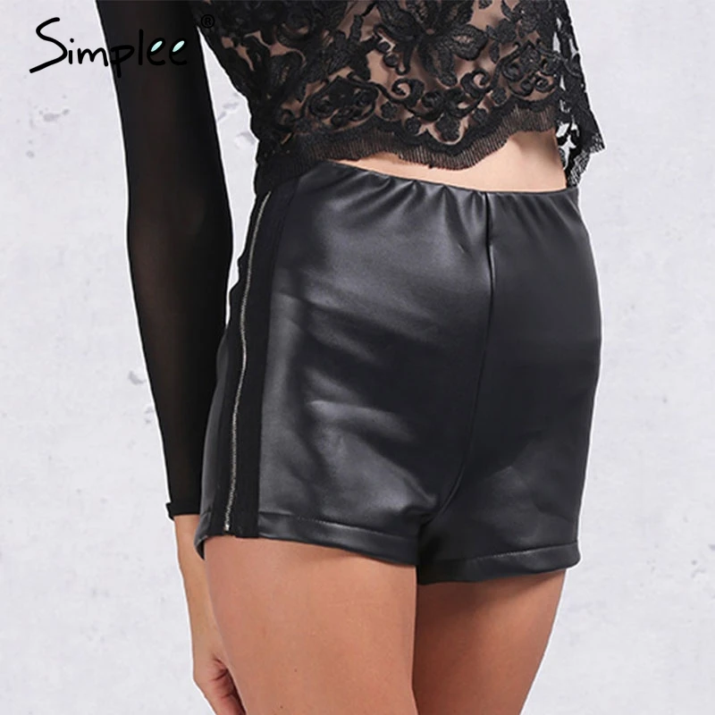 Simplee Autumn faux leather black shorts women Cool side zipper high