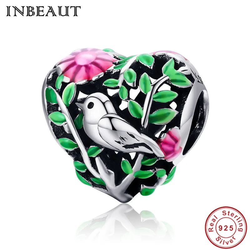 

INBEAUT Hot Sale 100% 925 Sterling Silver Cute Little Bird Pink Flower Forest Tree Beads fit Pandora Charm Bracelet for Women