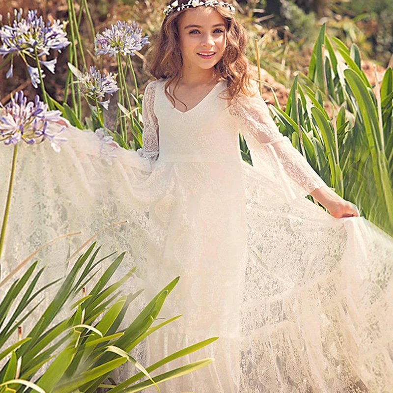 

2-11T Princess Bohemian Girls Lace Dresses 2019 Long Sleeves Lace Dresses For Girls Birthday Party Kids Cothing