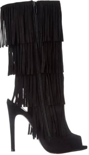 

Hot selling! Woman suede black open toe fringe high heel half boots Fashion open heel peep toe super high thin heel boots