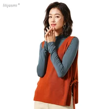 Весенний популярный женский вязаный жилет с v-образным вырезом, боковой пояс, тонкая шерсть, модный жилет, женский свитер, Женский безрукавный с Боковым Разрезом