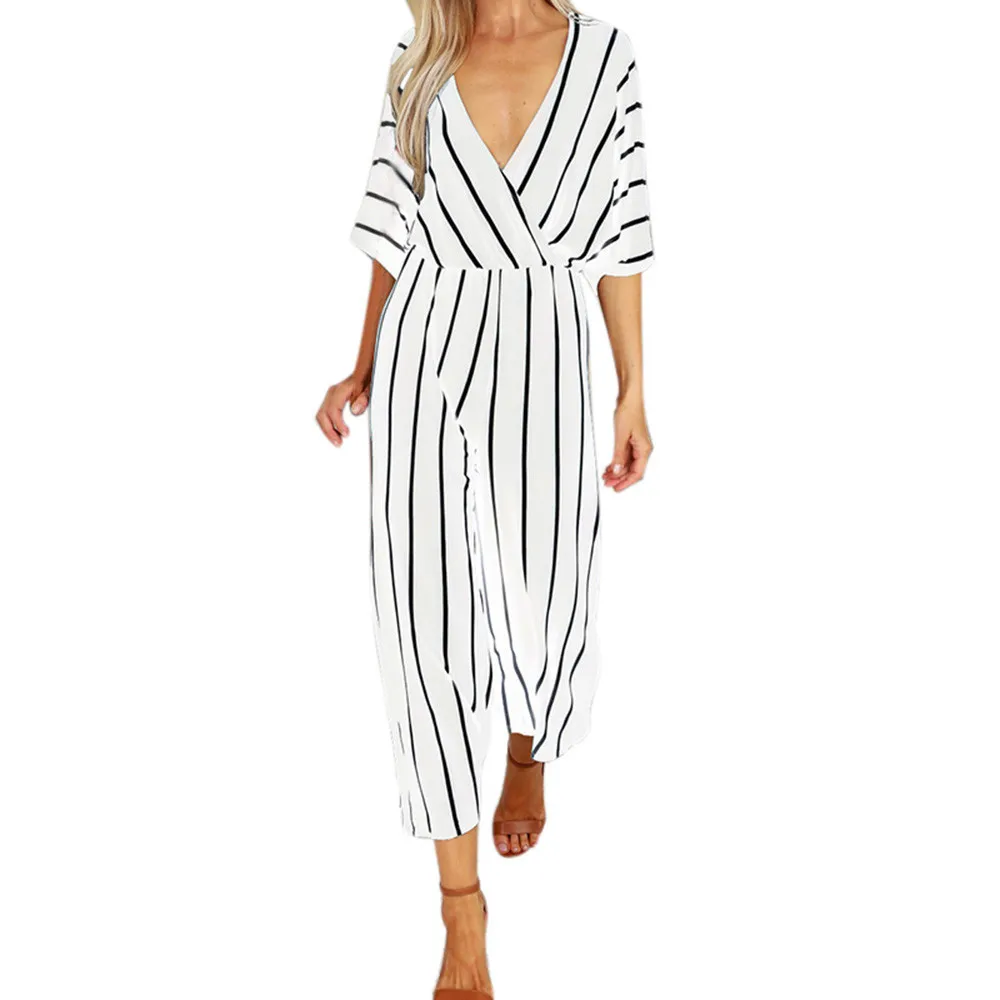 

feitong Summer Elegant Women Striped Jumpsuits OL Work Wide Leg Pants Casual Loose Deep V-neck Short Sleeve Loose Rompers #w35