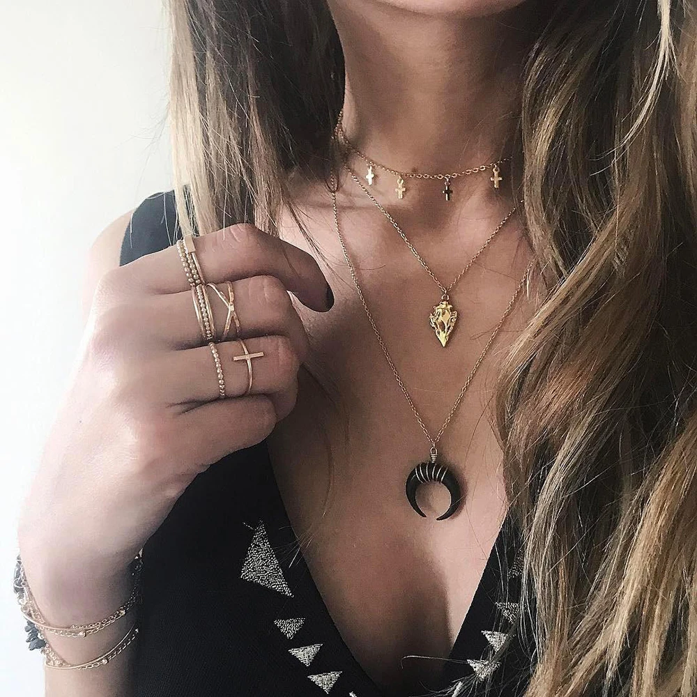 MAA-OE Vintage Fashion Gold Metal Pendant Necklaces For Women Boho Black Moon Stone Cross Geometry Multi Layer Necklace Jewelry | Украшения