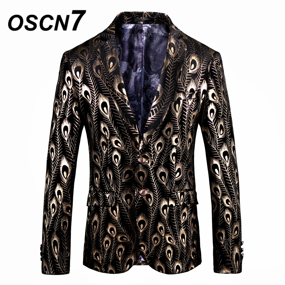 OSCN7 золото с принтом павлина Блейзер Для мужчин мода Slim Fit Blazer Masculino большой Размеры уличная Для мужчин s костюм куртки 9004
