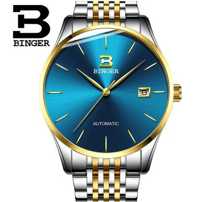 Швейцарские мужские механические часы Бингер с автоматическим механизмом, лучший бренд, Роскошные мужские часы, черные часы из нержавеющей стали - Цвет: Blue Gold