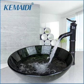 

KEMAIDI New Arrival Painting Round Bathroom Art Washbasin Tempered Glass Vessel Sink With Brass Oil Rubbed Bronze Faucet Set