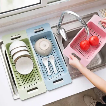 

Stretchable Kitchen Sink Drain Rack Basket Dish Rack Drainer Sink Caddy Food Fruit Holder Organizer Adjustable Storage Basket
