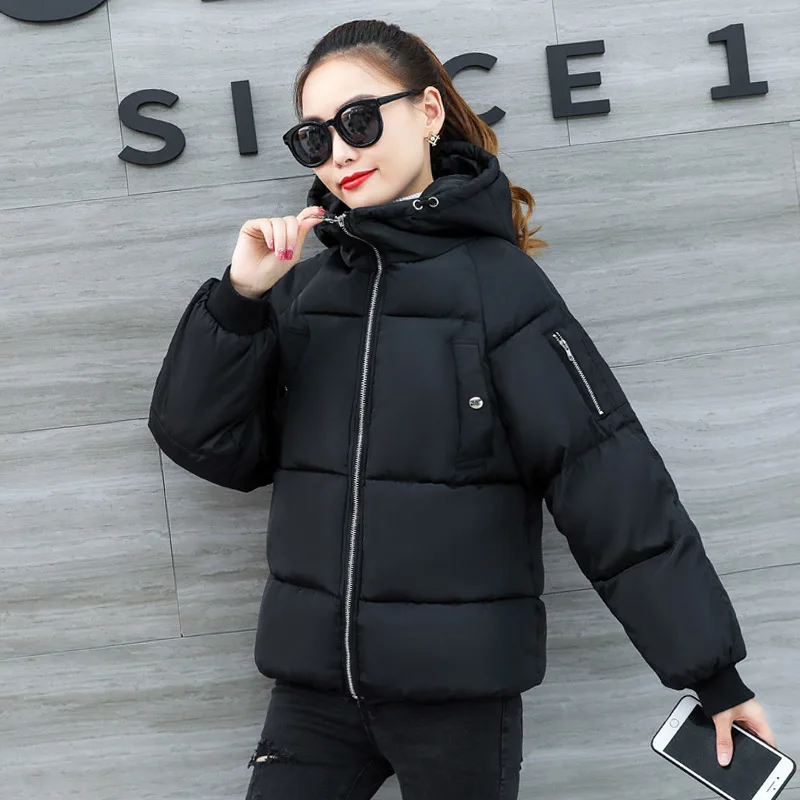 Теплая зимняя куртка с хлопковой подкладкой, Женское пальто с капюшоном и стоячим воротником, короткие куртки, Casaco Feminino Inverno - Цвет: Черный