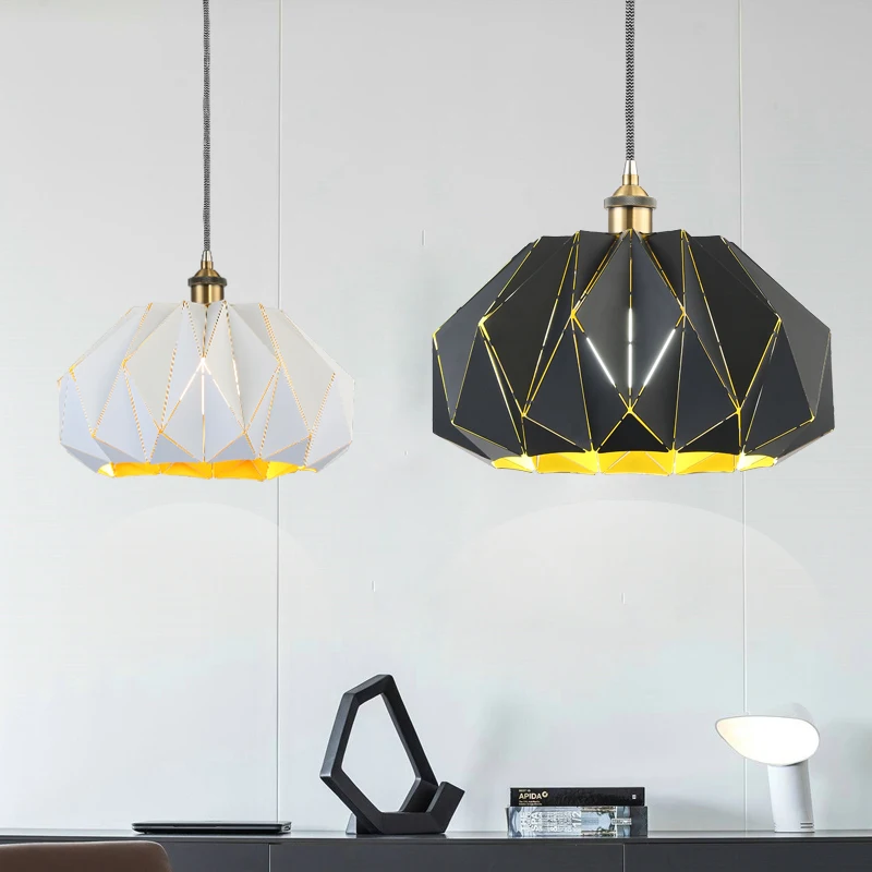 

Nordic Geometric model iron pendant lights industrial creative personality restauran bedroom study black white pendant FG821