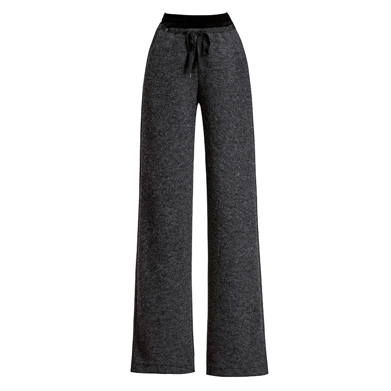 Женские зимние теплые толстые широкие штаны серые на шнуровке трикотажные плотные штаны с высокой талией стрейчевые брюки палаццо узкие мешковатые брюки - Цвет: gray