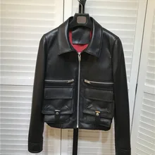 Шикарное женское короткое пальто из натуральной кожи, высокое качество, овчина, карманы, куртки для женщин, мото& bliker, куртки, пальто, G106