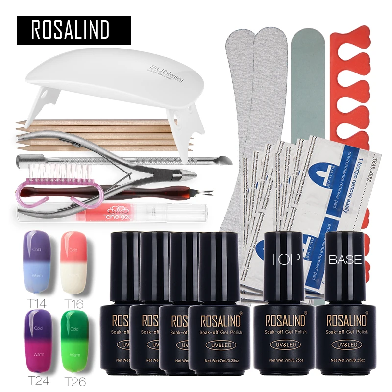 

Rosalind Temperature Changing Nail Art Tools Cure 6W UV Lamp Gel Polish Soak Off Base Coat Top Coat Gel Nail Manicure Kits