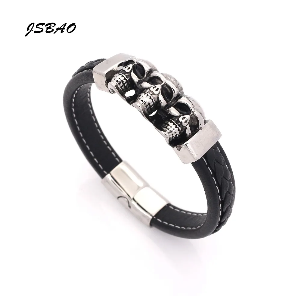 

JSBAO Fashion Men Bracelet Stainless Steel Three Skull Bracelets Black Synthetic Leather Rope Hand Bracelet Male Vintage Jewelry