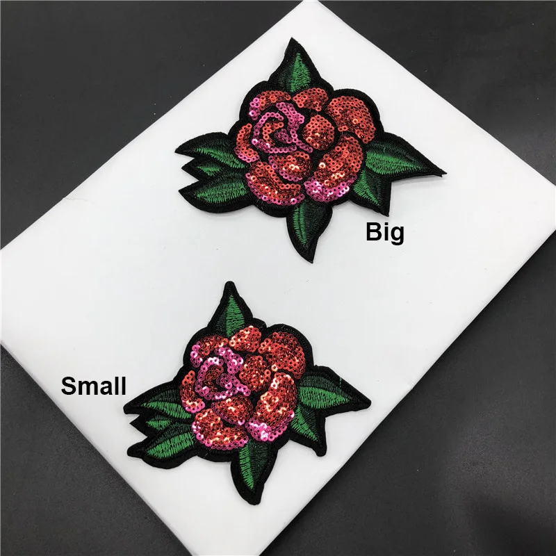 5pcs/lot Small Red Rose Iron On Sequins Flowers Patch Clothes Diy