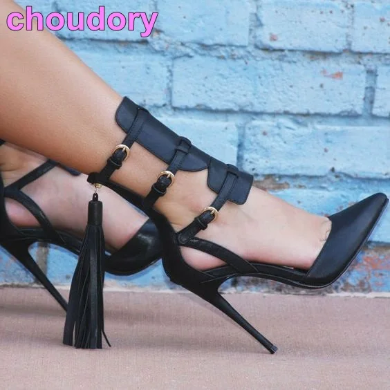 European Style Black Brown Patchwork High Heel Pumps Fringe Gladiator Pumps Buckle Strap Pointed Toe Shoes Cut-out Footwear European Style Black Brown Patchwork High Heel Pumps Fringe Gladiator Pumps Buckle Strap Pointed Toe Shoes Cut-out Footwear