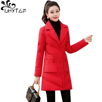 

UHYTGF Fashion Casual winter coat Parker Women long down jacket warm outerwear Single-breasted lapel Slim Women Cotton Jacket 56