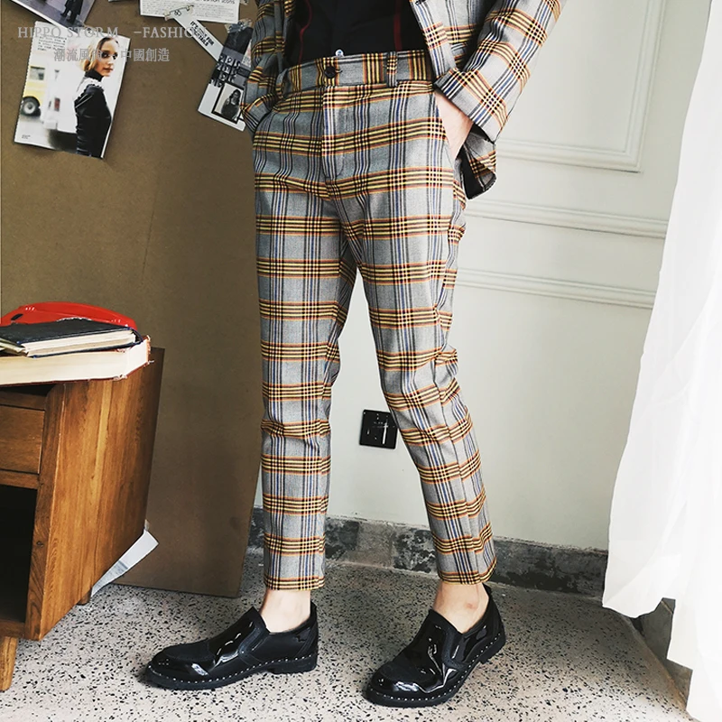 Индивидуальные досуг брюки прическа брюки Pantalon Homme решетки девять частей брюки ремонт эластичная манжета брюки Tide Мужской