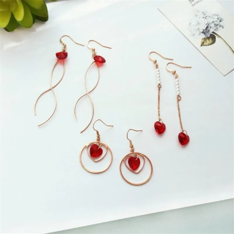 

red crystal love / Heart Geometric Curve Earrings Japan and South Korea Sweet Youth Beauty Girl Pearl Japanese Earrings