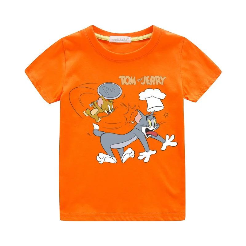 Детские футболки с принтом «Том и Джерри»; летние футболки для мальчиков; костюм; повседневные футболки для девочек; Верхняя одежда; Детские Забавные Рубашки с героями мультфильмов; ZA053 - Цвет: Orange T-shirts