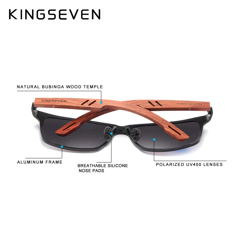 Kopen KINGSEVEN Designer Handgemaakte Vrouwen Zonnebril Mannen Gepolariseerde Natuurlijke Bubinga Houten + Aluminium Fashion Zonnebril Vierkante UV400