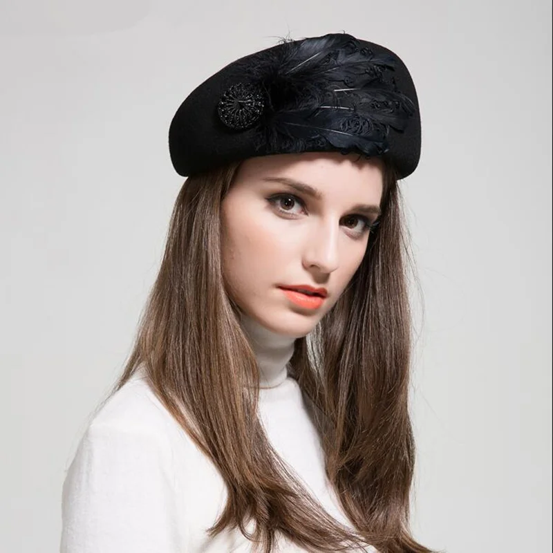 

Luxury Feather Wool Beret Hat For Women Russian Vintage Pure Wool Felt Winter Ladies Fedora Hat Stewardess Cap Warm hats
