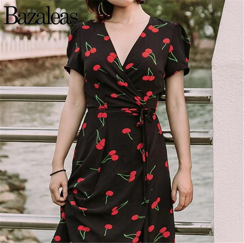 

Bazaleas 2018 Cute cherry print Women Dress Short Sleeve vestidos mid calf navy blue Dress Vintage tied waist dresses Casual