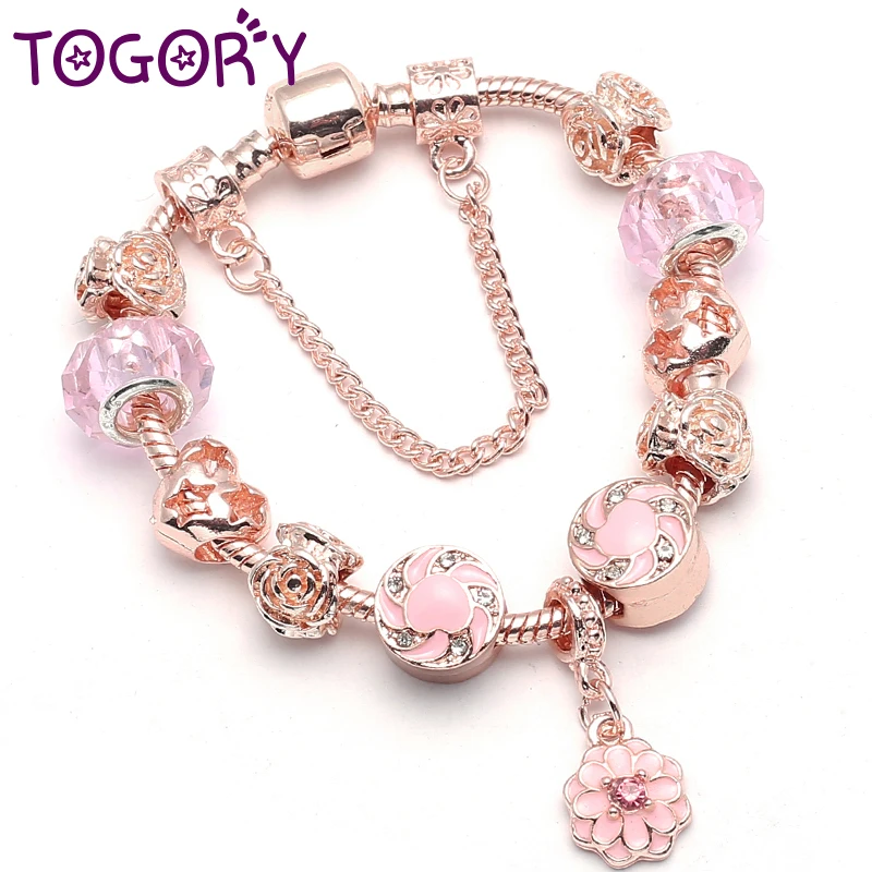 

TOGORY European Style Vintage Rose Gold Crystal Beads Charm Bracelet For Women fit Original DIY Brand Bracelet Jewelry Gift