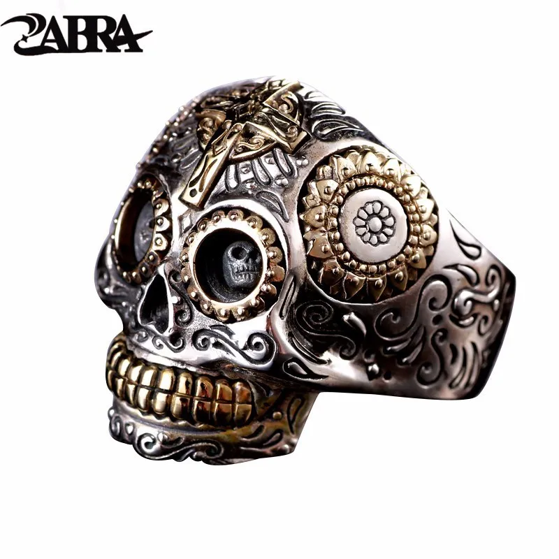 ZABRA Luxury Solid 925 Sterling Silver Skull Ring Men Vintage Punk Rock Cross Gold Big Heavy