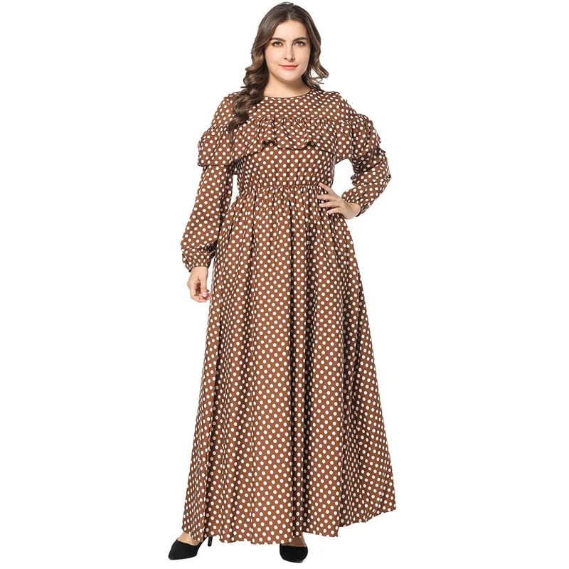 Коричневое Плиссированное длинное платье макси в горошек для женщин; элегантные вечерние платья с оборками и длинным рукавом с эластичной резинкой на талии; мусульманский халат; 4XL