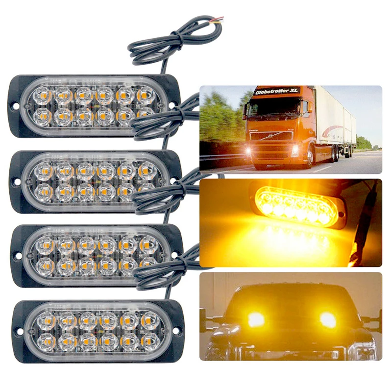 

4 Pcs 12-Led Amber Flash Flashing Recovery Strobe Car Emergency Signal Led Orange Grill Breakdown Light Fog Light Beacon