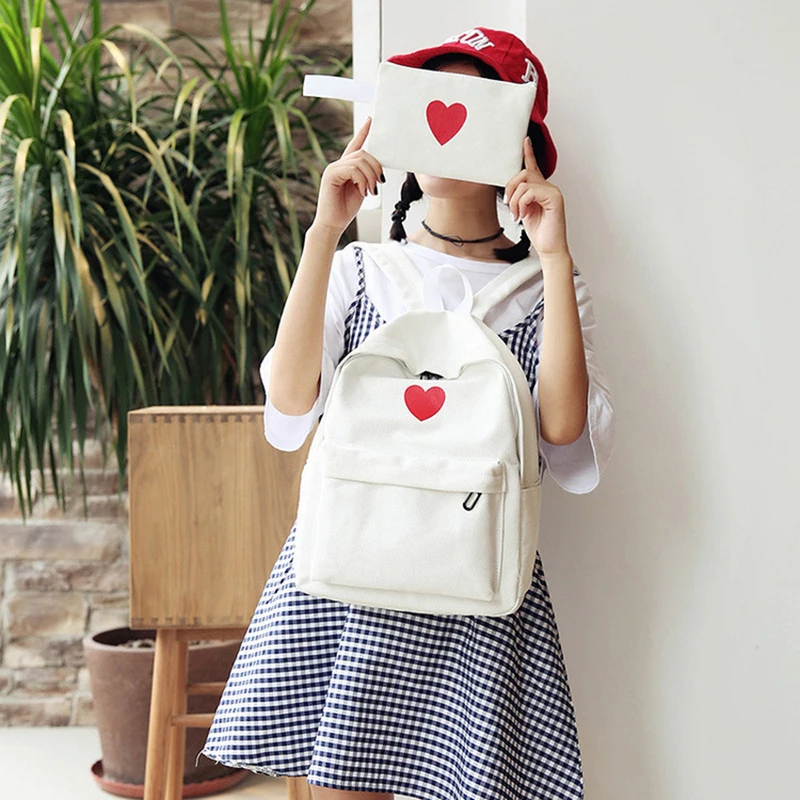 

Canvas Cute Heart Women Backpack Simple Candy Colors Lady Schoolbags High Quality Large Capacity Female Bookbags Cartoon Daypack