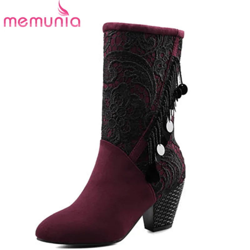 

MEMUNIA 2018 new arrival ankle boots for women flock autumn winter boots slip on high heels boots fashion ladies shoes
