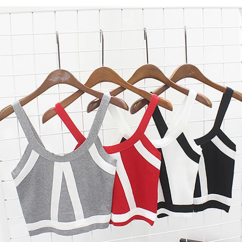 

2019 Summer Women Fashion Slim Knitting Tank Crop Tops Female Bodycon Knitted Camisole Sleeveless Short Geometric T Shirts