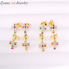 10 пар, 5*7 мм, Новое поступление, cz микро проложить красочные Крест серьги-гвоздики с кристаллами циркония Радуга золото заполнены Девушка женщин шпилька
