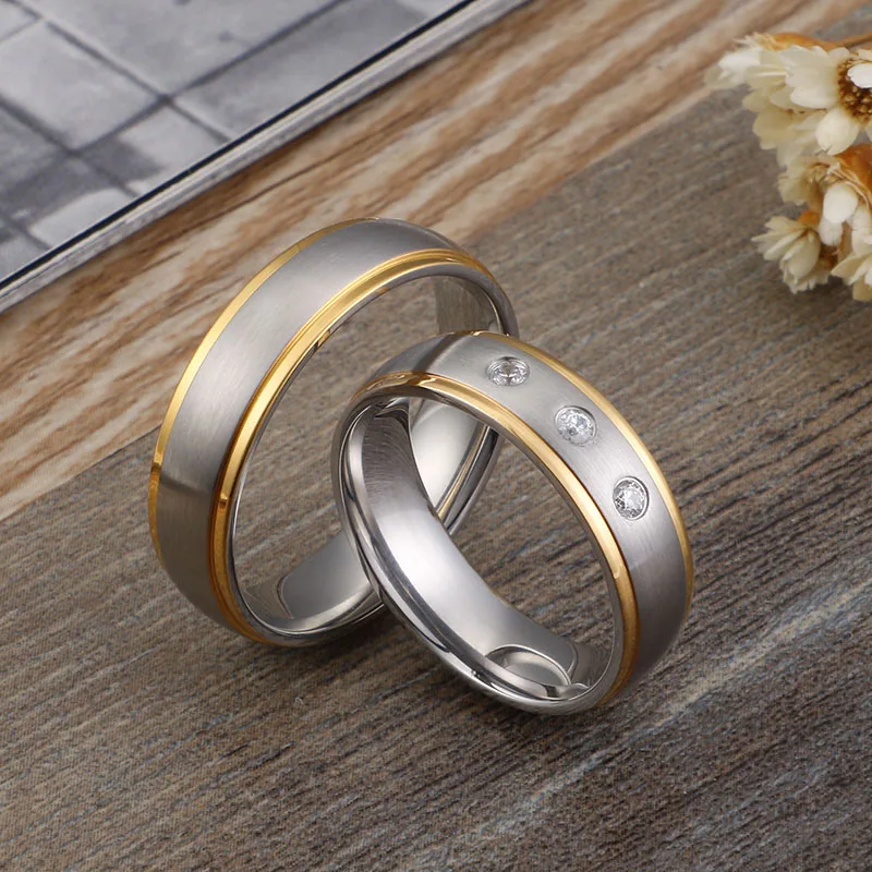 Matte Finished Silver&Gold Color Stainless Steel Couple Rings CZ Stones Wedding Rings for Women Men Anniversary Alliance Jewelry