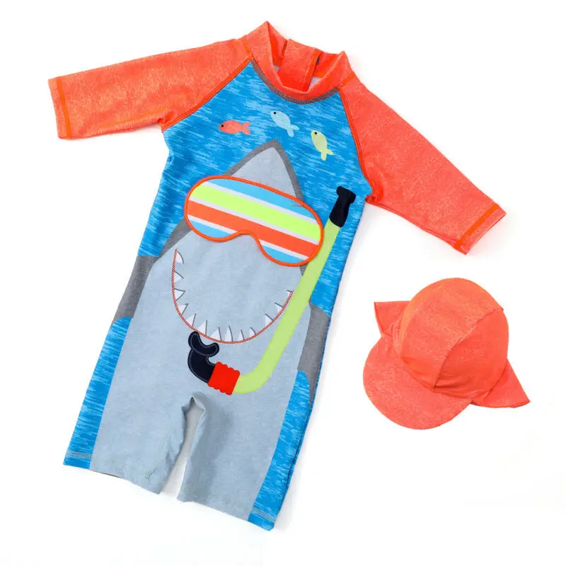 

2pcs Kids Baby Boys Sun Protective Swimwear Rash Guard Costume Swim Jumpsuit Cap Bathing Suit 2-7Y Baby Clothes Set 3E18