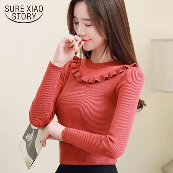 

2019 spring Sweater long-sleeved women cultivate one's unlined upper garment O-neck tight falbala knitwear women sweater 1829 50