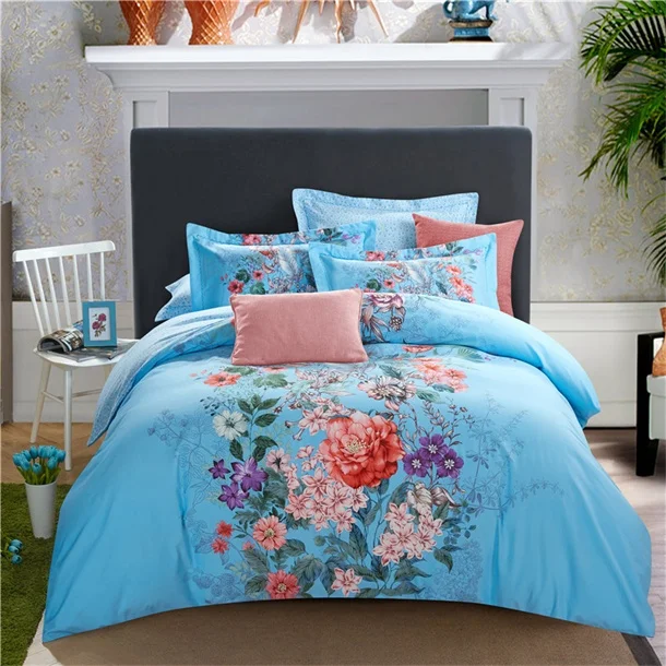 Pink Peony Daisy Tulip Flowers Print Blue Bedding Set 4pcs Queen King ...