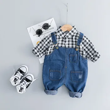 

Children's Clothing Set for Boys Girls Long-sleeves Clothes Suit Denim Overall + Plaid Shirt 3 Colors Choose Children's Suit
