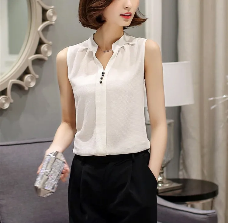 White Chiffon Sleeveless Casual V-neck Women's Top HTB1pFccn TI8KJjSsphq6AFppXa8 - White Chiffon Sleeveless Casual V-neck Women's Top-White Chiffon Sleeveless Casual V-neck Women's Top