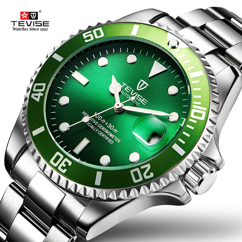 Comprar Reloj verde TEVISE para hombre, anillo exterior giratorio mecánico automático Anti rasguño, resistente al agua, luminoso, para hombre, relojes de primera marca de lujo