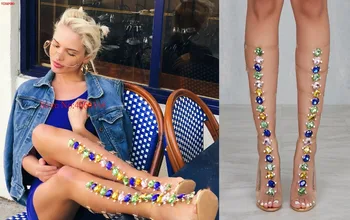

Mixed Color Rhinestone Lady Knee High Boots Summer Transparent Gladiator Boots Designed Crystal High heel Sandal Boots Shoes