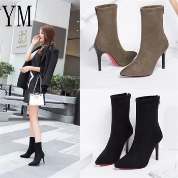 

New Women Sock Boots Pointed Toe Elastic High Slip On Heel High Ankle Pumps Stiletto Botas Mujer High Boots Zapatos Muje 2018