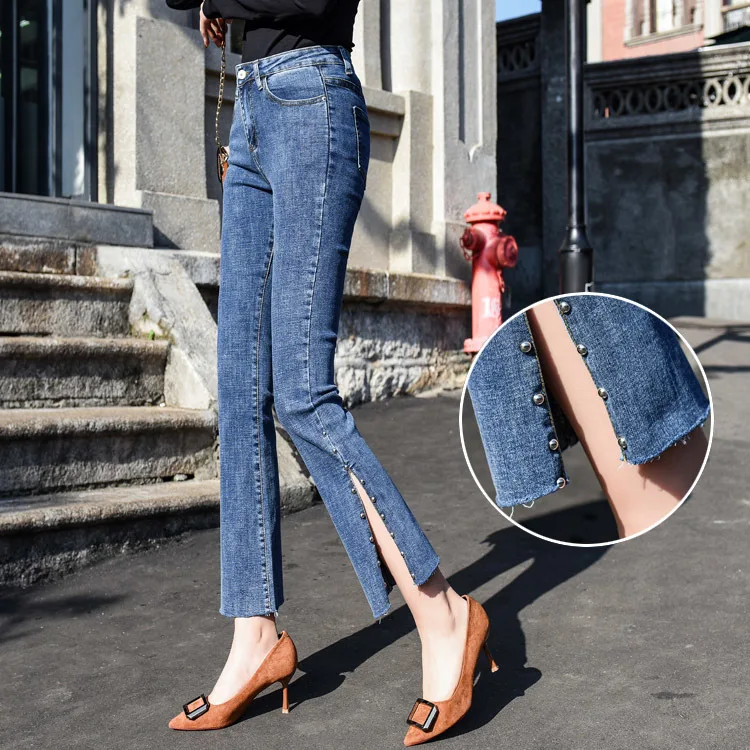 Navy Blue 3019 весенне-летние джинсы-бойфренды Femme корейский стиль с высокой талией Эластичные Боковые расшитые блестками джинсы до щиколотки женские - Цвет: Navy Blue