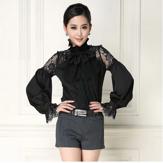 New 2017 Brand Fashion Shirt Ladies Sheer Lace Silk Bow Tie Full Sleeve Solid White Black Elegant Blouses Feminino Blusas |