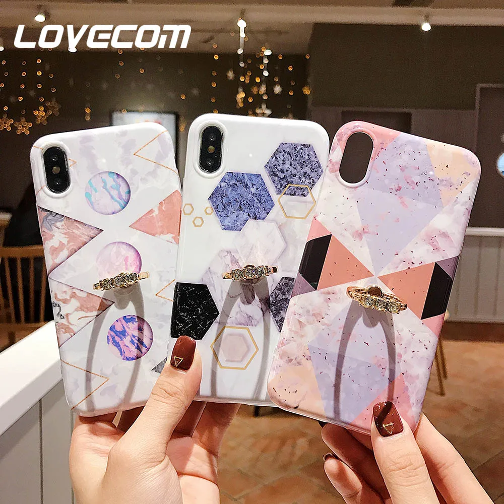 

LOVECOM Vintage Geometric Marble Cases For iPhone XS Max XR 6 6S 7 8 Plus X XS Soft IMD Ring Holder Phone Back Cover Coque Gifts
