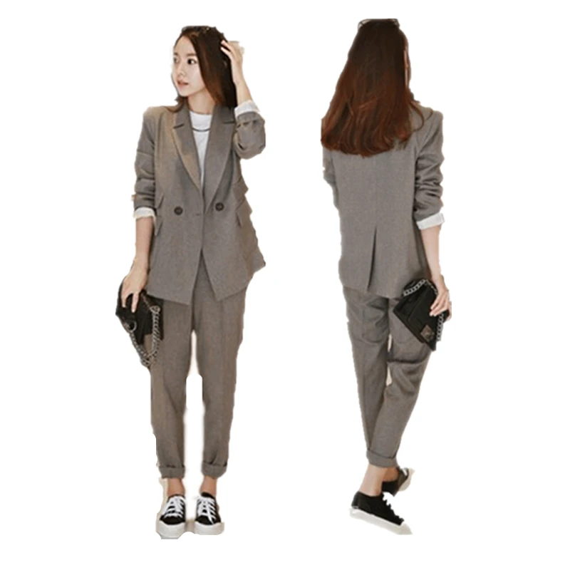 Новые деловые брючные костюмы высокого качества комплект блейзеры Формальные женские OL Элегантные клетчатые комплекты из 2 предметов форменная куртка комплект